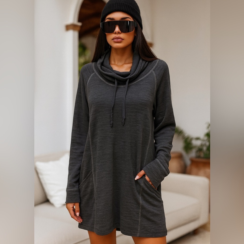 KÜHL Lea Dress Gray Heathered Long Sleeve Cowl Neck Leisure Dress w/ Pockets
